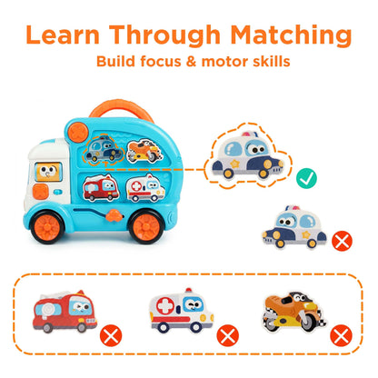 iPlay, iLearn Toddler Bus Toy W/ 3D Matching Puzzle & Car Slide, Baby Musical Push Go Car W/Sound, Montessori Learning Vehicle Match Game, Birthday Gift 18 24 Month 1 2 3 Year Old Infant Kid Boy Girl