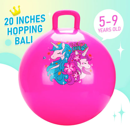 U&C Planet Hopper Ball 20 inches Bouncy Ball with Handle for Kids Age 5 6 7 8 9, Sit on Bounce Jumping Hopping Toy with Pump, Great Toddler Girls Toys for Birthday Gifts, Pink Unicorn