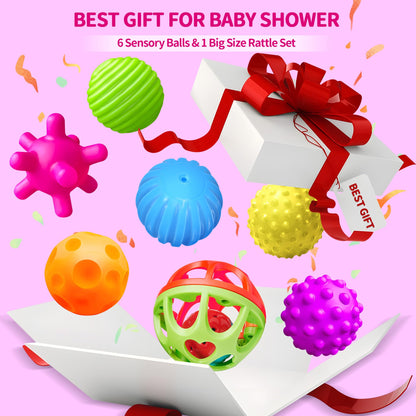 Montessori Toys Bundle: Sensory Balls (Textured) + Baby Pop Up Toy with Music, Hand Catching Balls & Rattle, Cause and Effect Animal Toy, Educational Gifts for Babies 3-12 Months & Toddlers 1-3