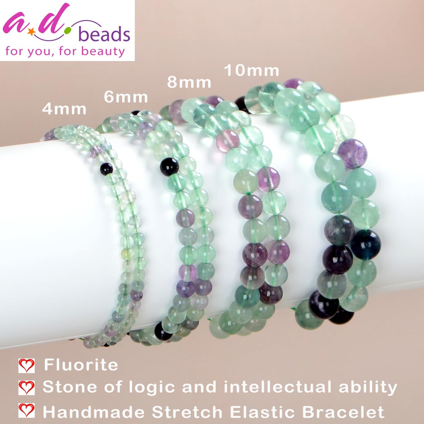 AD Beads Handmade Gemstone Stretch Elastic Bracelet Crystal Healing Reiki Nature's Beauty and Spiritual Essence Unisex (6mm, Fluorite)