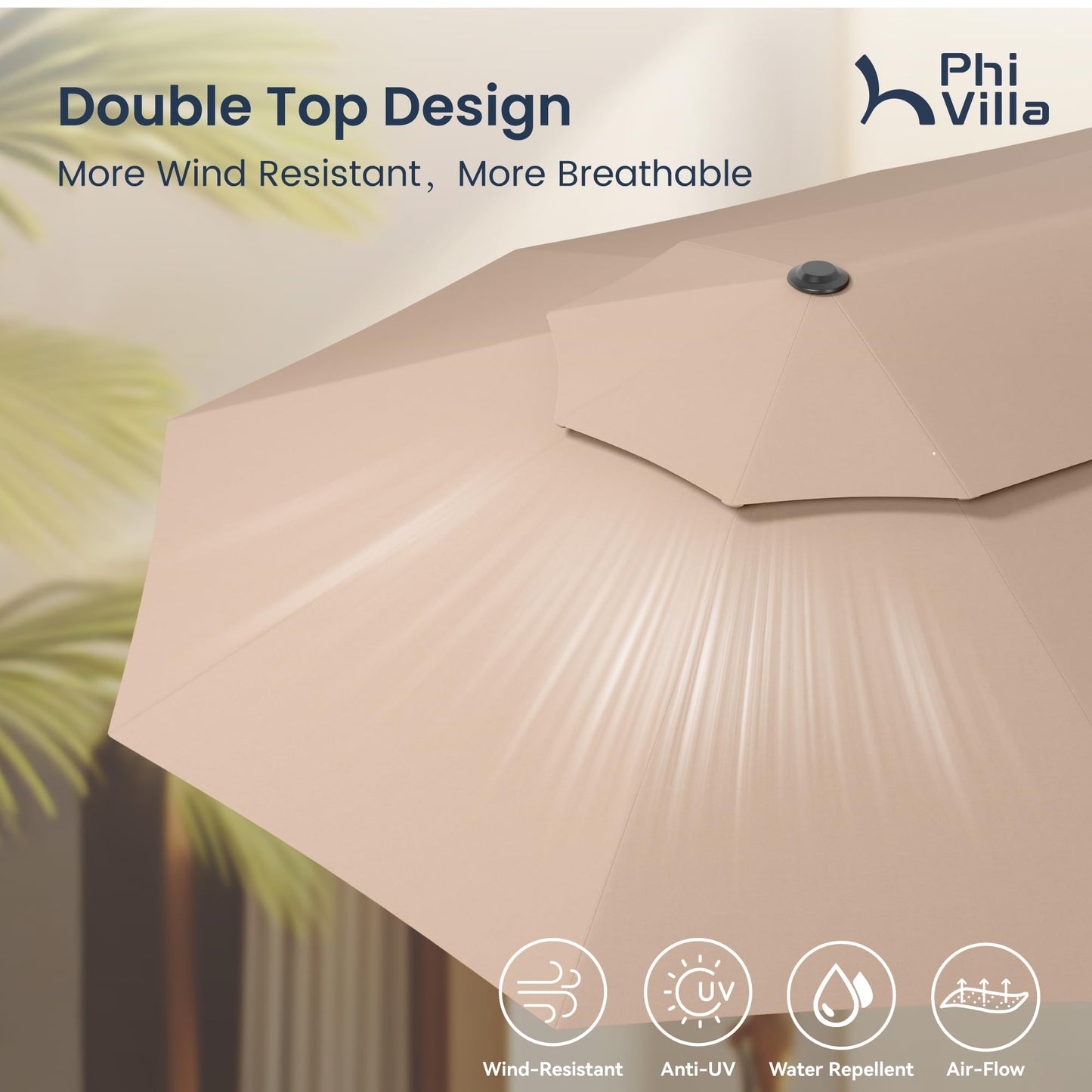 PHI VILLA 15ft Large Patio Umbrellas with Base Included, 2-Tier Outdoor Double-Sided Rectangle Market Umbrella with Stand, Outside Umbrellas for Poolside Lawn Backyard, Beige