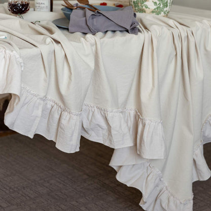 GLORY SEASON Retro Farmhouse Ruffle Tablecloth Cotton Flounces Trim Washable Table Cover Tablecloths for Rectangle Table Baby Shower Kitchen Party Wedding Decor, 52''x70''