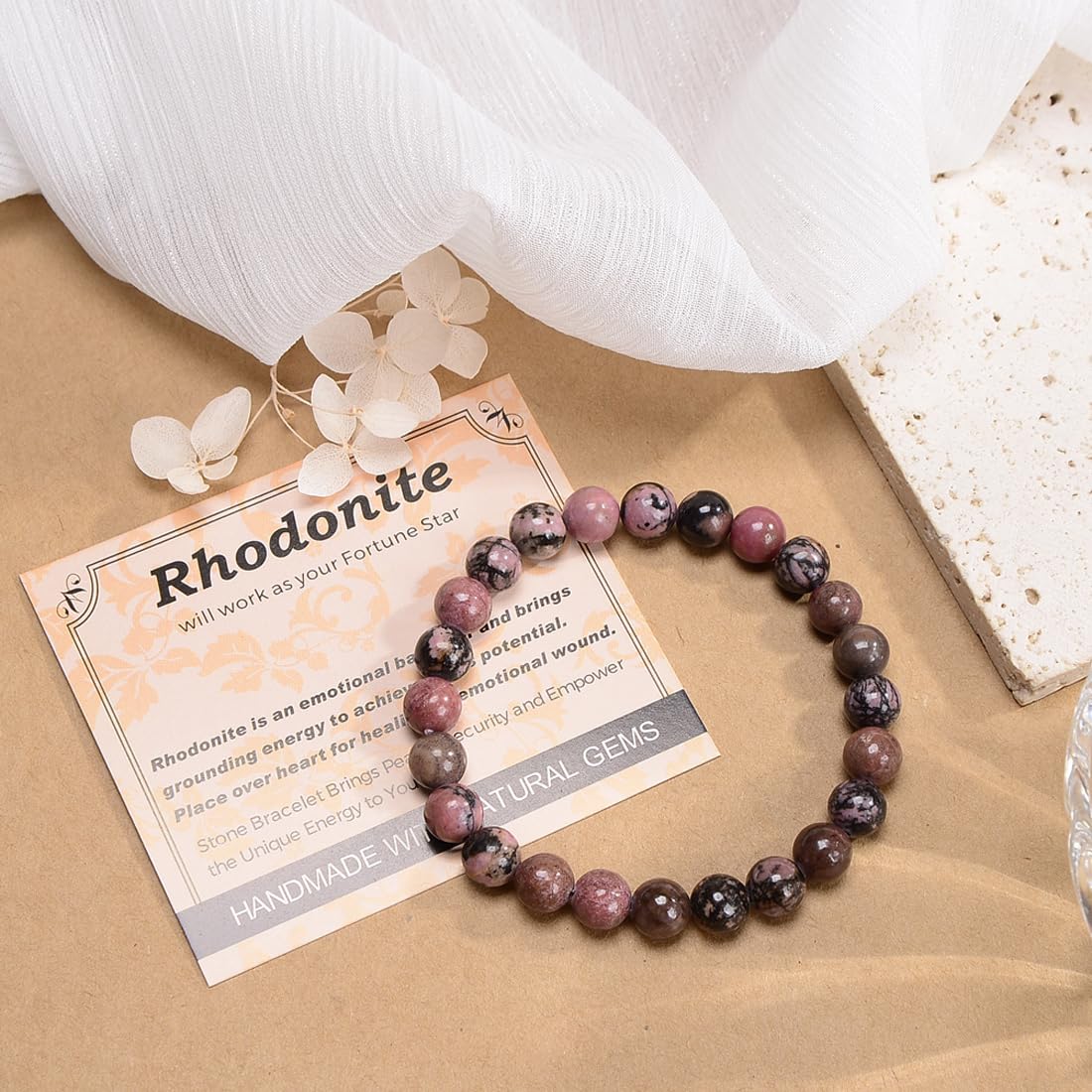 MASSIVE BEADS Pink Black Rhodonite - Stone of Fortune - Handmade Yoga Stretch Elastic Bracelet Natural Stone Crystal Healing Power Energy Gifts for Unisex Adult 8mm