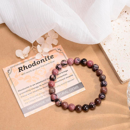 MASSIVE BEADS Pink Black Rhodonite - Stone of Fortune - Handmade Yoga Stretch Elastic Bracelet Natural Stone Crystal Healing Power Energy Gifts for Unisex Adult 4mm