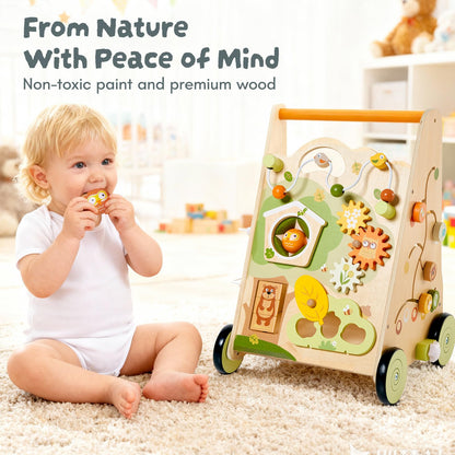 10-in-1 Wooden Baby Walker with Activity Center, Forest Montessori Push Toy for Toddlers 1–3, Bead Maze, Shape Sorter, Gears, Puzzles Fine-Motor Learning, Speed Adjustable Wood Walker for First Steps