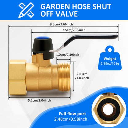 Brass Garden Hose Shut Off Valve with Full-Flow Design – Heavy Duty 3/4" GHT Nozzle Connector, 304 Stainless Steel Handle – 2 PC (Full Flow, Corrosion-Resistant)