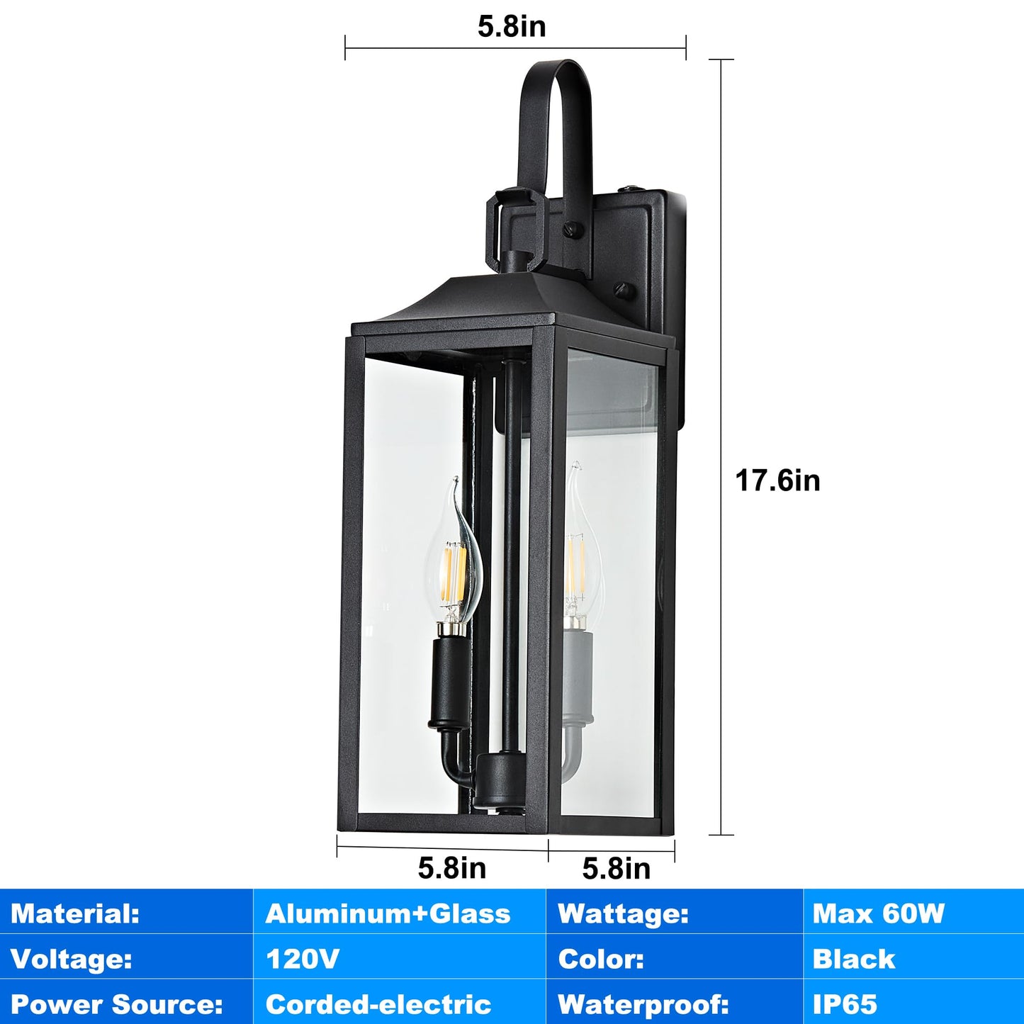 OKELI 17.6" Dusk to Dawn Outdoor Lighting, 2-Light Black Wall Lantern for Porch Outside Wall Sconces with Tempered Glass Shade, Anti-Rust Wall Lights Outside Light for Garage, Foyer