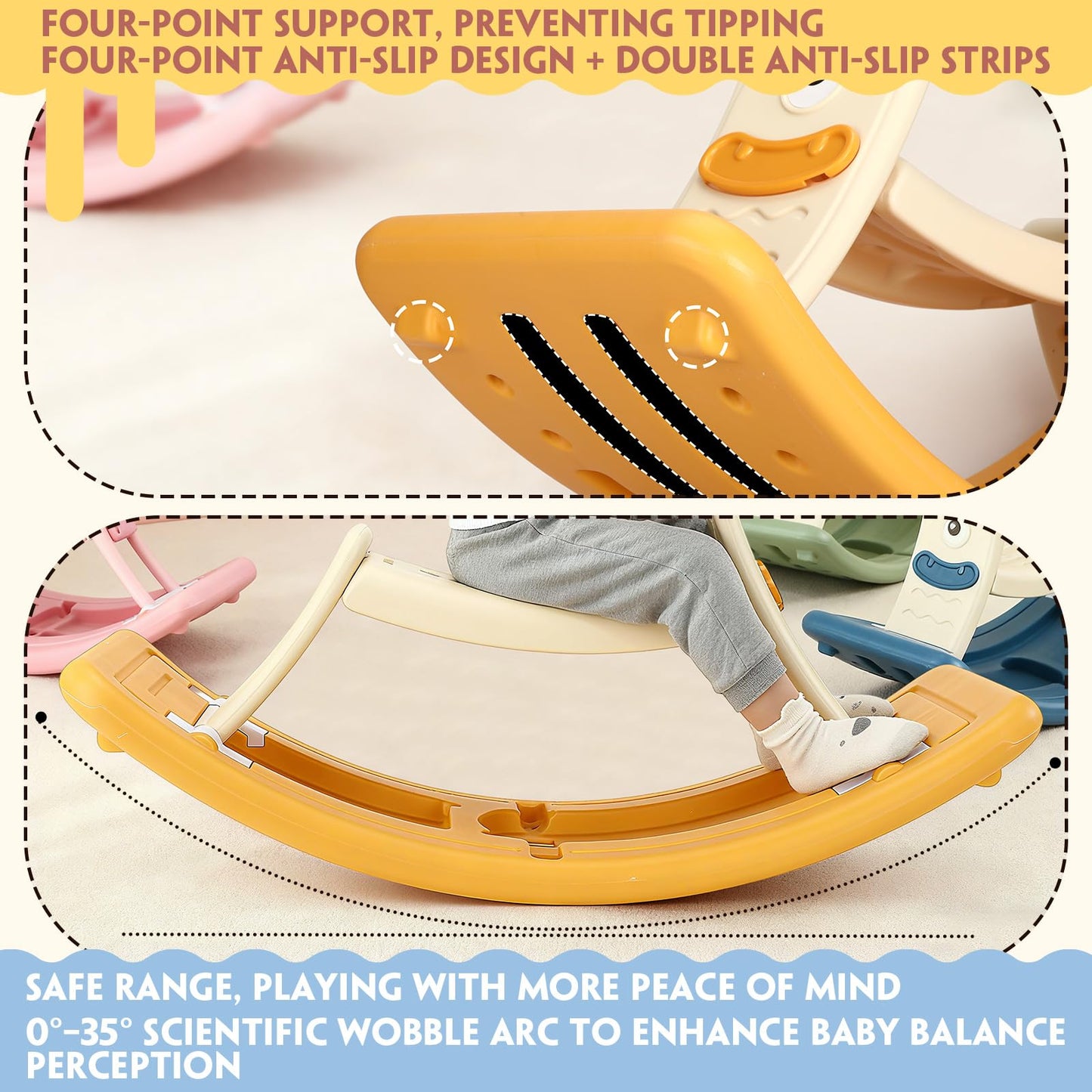 Motionchic Rocking Horse for Toddlers Kids 3 in 1 Wobble Balance Board 3-5 Year Old Rocker Balance Board Baby Rocking Toy with Pedal Backrest Birthday Gift Open Ended Learning Toy for Girl and Boy