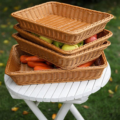 Yarlung 2 Pack Woven Bread Basket, Plastic Wicker Fruit Baskets 15.7 x 11.4 Inch, Imitation Rattan Food Serving Trays for Vegetables, Kitchen, Restaurant, Outdoor, Brown