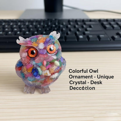 OwMell Owl Statue Tumbled Stone Gemstone Owl Figurine Home Decor Shelf Decor 2.5" - Rainbow