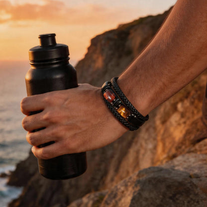 Enjoy Risingsun Tiger Eye Black Leather Bracelet Men Natural Tiger Eye Gemstone Crystal Stone Jewelry Handmade Courage And Stress Relief Protection Bracelet