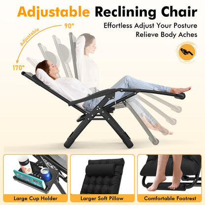 Slendor Oversized Zero Gravity Chairs XXL, 33In Padded Zero Gravity Lounge Chair, Lawn Recliner, Folding Patio Reclining Chair w/Aluminum Alloy Lock, Headrest, Cup Holder, Support 500lbs, Black