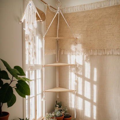 WKHOKI Hanging Shelf with Natural Wood, 3-Tier Rope Shelf | Handmade Boho Wall Decor for Floating Display, Ideal for Plants, Photos & Storage in Bathroom, Bedroom, Living Room & Nursery