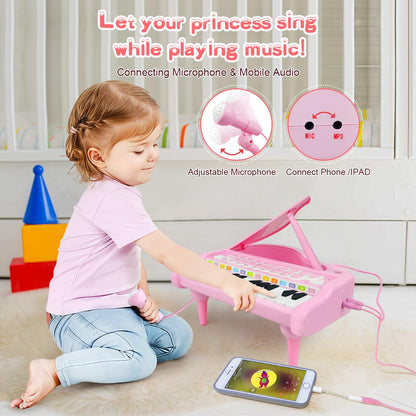 Love&Mini Pink Piano Toys for 1+Years Old Girls First Birthday Gifts Toddler Piano Music Toy Instruments with 24 Keys and Microphone