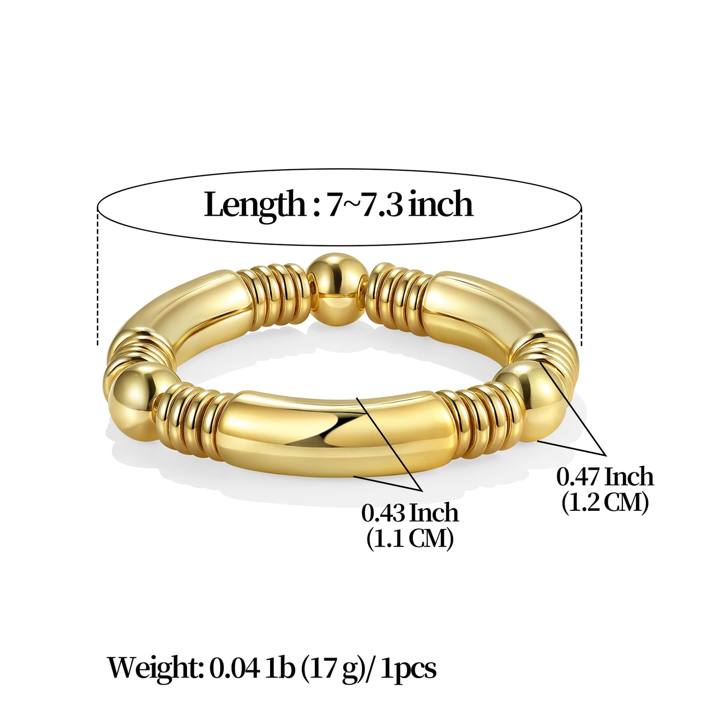 14K Gold Plated Bangles Bracelet for Women Chunky Curved Stacking Plated Bead Ball Stretchable Bracelets （1PCS)