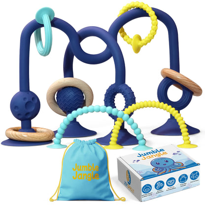 JoySprout Jumble Jangle Baby Teething Toys – Suction Cup High Chair Toys for Babies 6-12 Months | BPA-Free Baby Suction Toy for Highchair Tray, Table, Sensory Play, Teething Relief Essentials