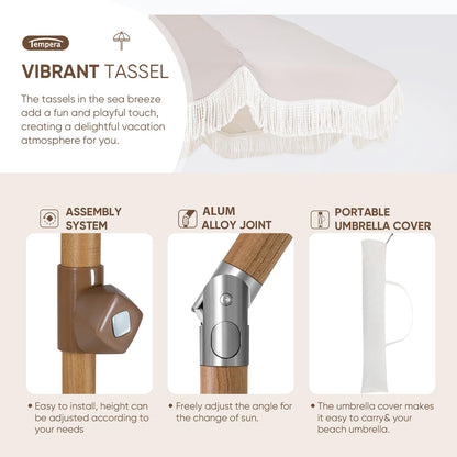 Tempera 7ft Outdoor Patio Umbrella with Carry Bag, Beach Umbrella with Fringe | Vintage Tassel Umbrella with Prime Steel Pole and Ribs Push Button Tilt, Ideal for Garden Lawn Poolside, UPF50+, Beige