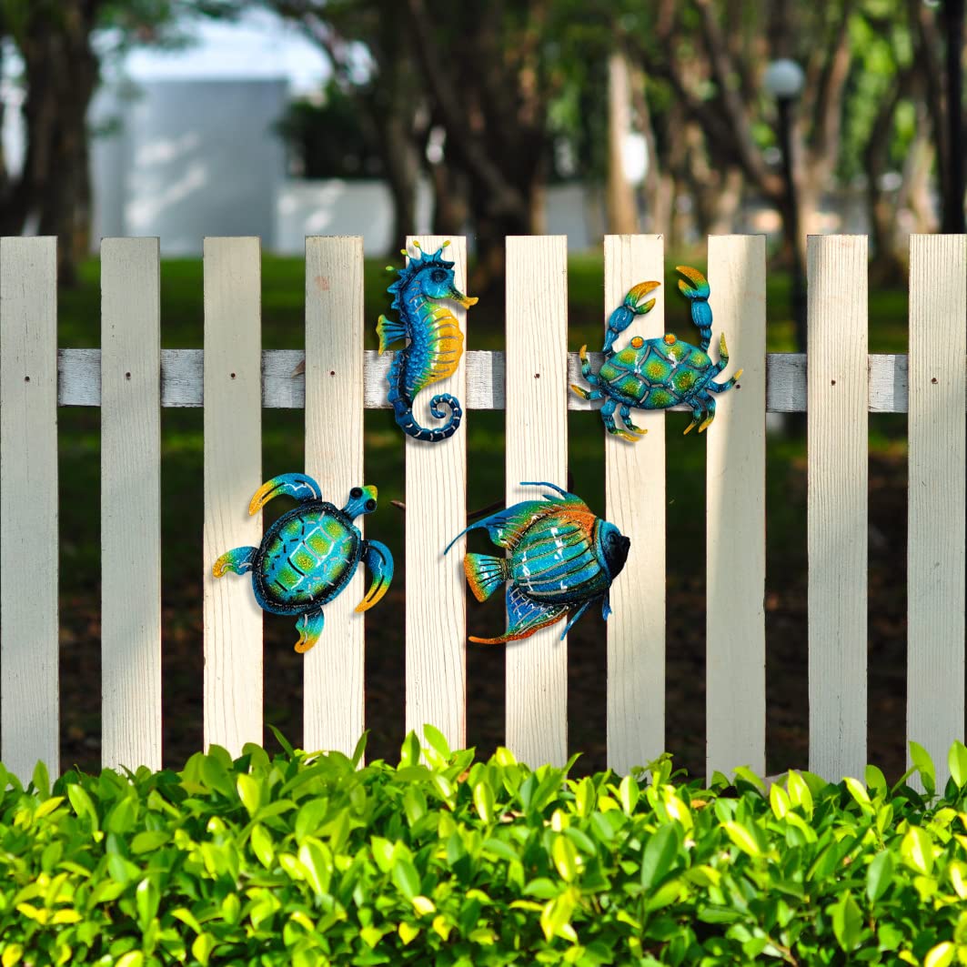 Meduofon Set of 4 Metal Outdoor Wall Art Decor, Blue Turtle Fish Crab and Seahorse Suitable for Beach Ocean Pool Decor, Metal Yard Fence Garden Children Room Bathroom Livingroom Wall Decoration