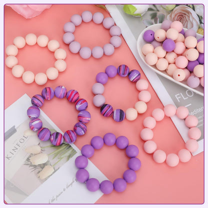 SALUOKE 100 Pcs 15mm Silicone Beads for Keychain Making, Pink Gream Silicone Beads Bulk Round for Bracelets Pens Crafts Jewelry Making (Pink Purple)