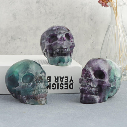 LEADGEM Crystal Skull Head Statue Hand Carved 3.0" Rainbow Fluorite Polished Gemstone Skull Stone Figurine Crafts Ornament for Home Office Halloween Decor