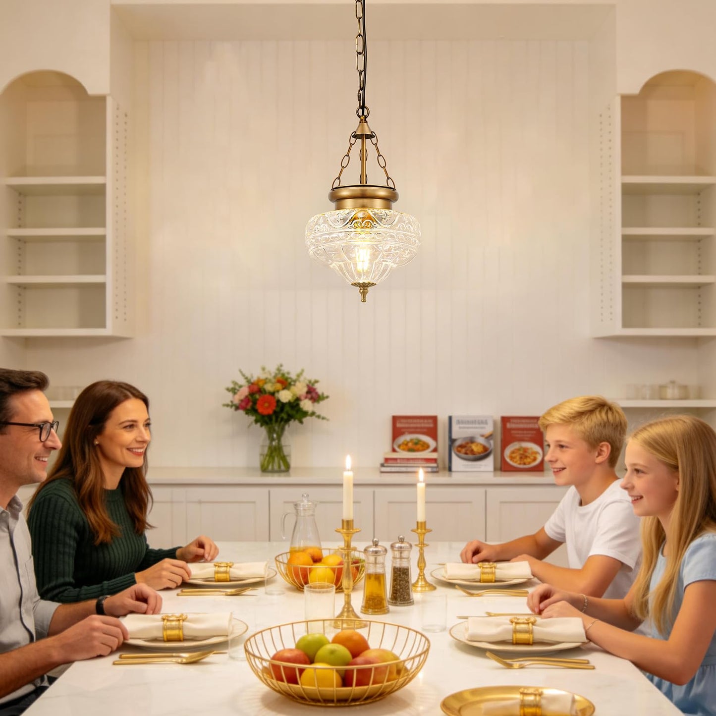 OIYIO Vintage Pendant Light - Brown Bronze Pendant Lights Kitchen Island with Floral Glass, Penant Lighting Fixtures with Adjustable Chain, Hanging Light Fixtures for Dining Room, Entryway