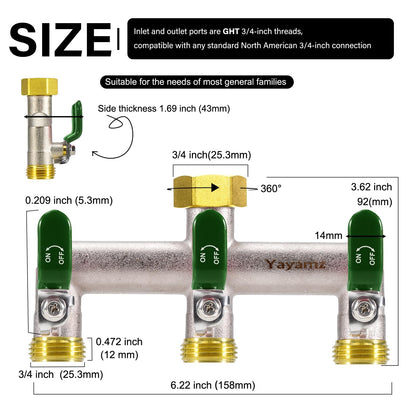 Yayamz 3 Way Garden Hose Splitter, Heavy Duty Brass Nickel Plated Rust Resistant Faucet Manifold, 3/4" Frost Resistant Outdoor Hose Adapter Connector，Hose Spigot Adapter with 3 Large Green Handles
