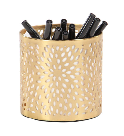 Deco 79 Metal Cylinder Pencil Cup with Laser Carved Floral Design, 4" x 4" x 4", Gold