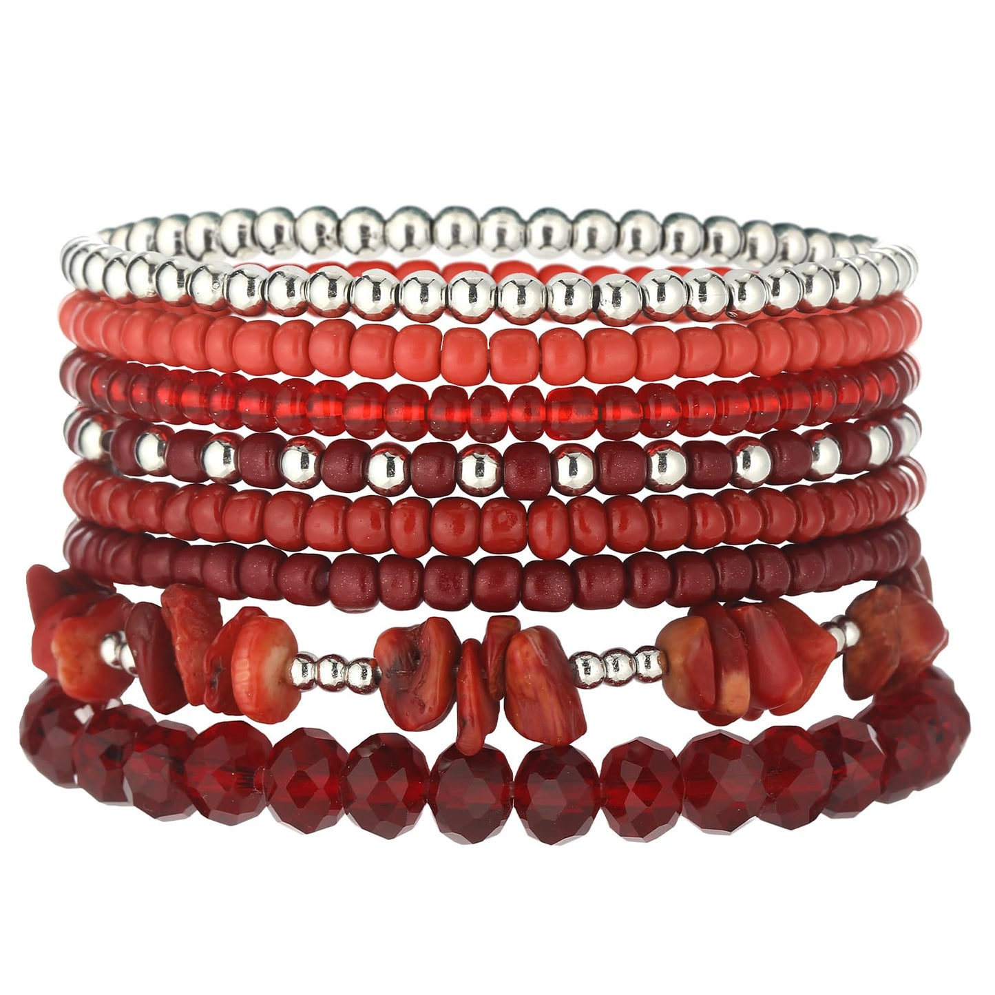 Noessla Boho Beaded Bracelets for Women Stackable Irregular Natural Stone Bead Stretch Bracelet Set 8PCS Costume Jewelry Gifts for Her(Red)