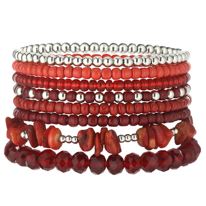 Noessla Boho Beaded Bracelets for Women Stackable Irregular Natural Stone Bead Stretch Bracelet Set 8PCS Costume Jewelry Gifts for Her(Red)