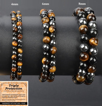 MASSIVE BEADS Triple Protection - Stone of Strong Protect - Handmade Yoga Stretch Elastic Bracelet Natural Stone Crystal Healing Power Energy Gifts for Unisex Adult 4mm