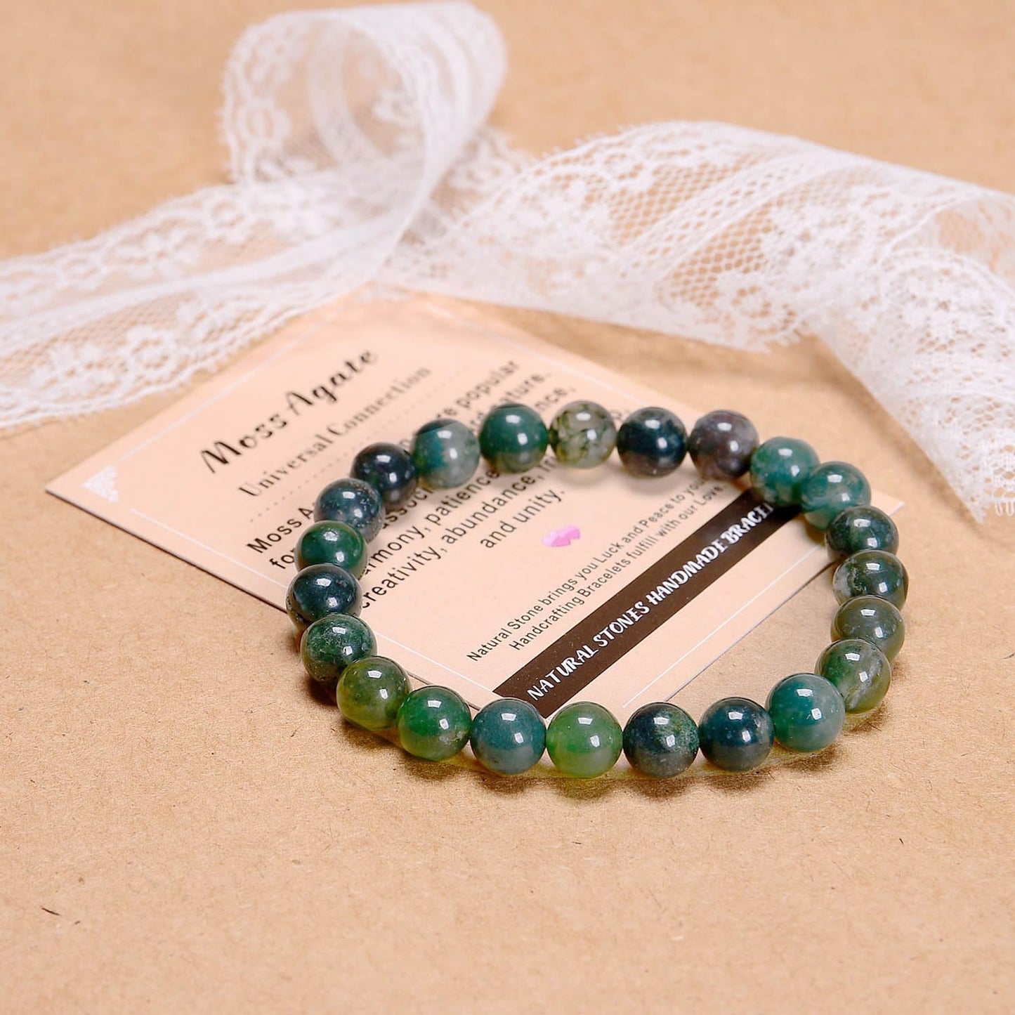 AD Beads Handmade Gemstone Stretch Elastic Bracelet Crystal Healing Reiki Nature's Beauty and Spiritual Essence Unisex (6mm, Moss Agate (Universal Connection))