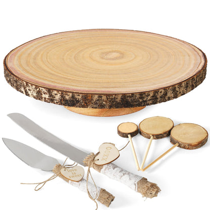 Relaxing Garden Customizable 12 Inch Rustic Wood Cake Stand Set with Bark Edge, Cake Knife & Server + Blank Wood Slice Topper — Cake Display for Weddings, Birthdays, Showers & Holiday Celebrations