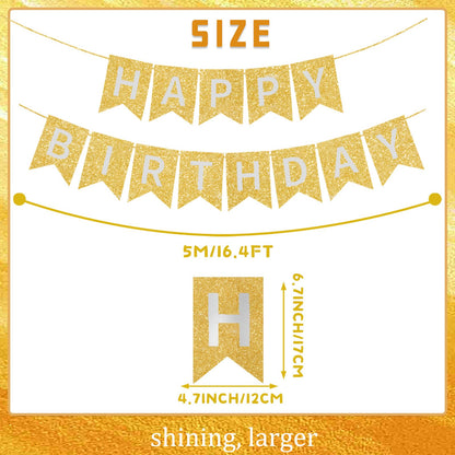 Gold Happy Birthday Banner - 16 ft Pre-Strung Gold Birthday Party Decorations Sign for Girls, Boys, Kids, Women - No DIY Hanging Backdrop for Indoor & Outdoor Celebrations