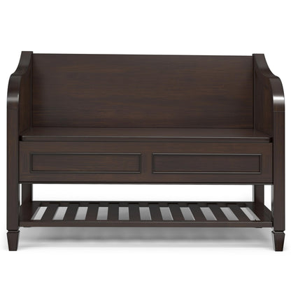 SIMPLIHOME Connaught SOLID WOOD 42 inch Wide Traditional Entryway Storage Bench with Shelf in Chestnut Brown for the Living Room, Entryway and Family Room