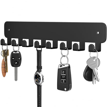 pickpiff Key Holder Wall Mount, Adhesive Key Rack with 8 Hooks Hanger for Car Key Ring, Metal Key Chain Organizer, Black 1 Pack