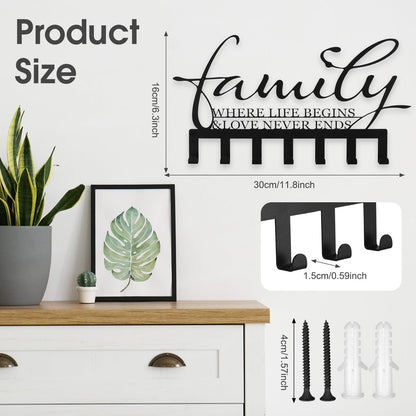 Hicarer Family Key Holder Metal Hooks Decorative Hanger Black Rack Wall Mount Organizer with Screws and Anchors for Keys Hat Kitchen Entryway Front Door Home Decor