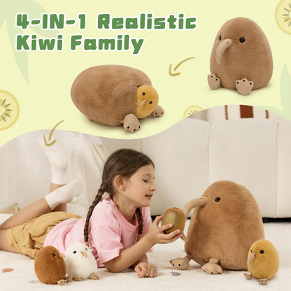 MorisMos Plush Kiwi Bird Toys for Kids, Realistic Mommy Kiwi Bird Stuffed Animal with 3 Baby Chicks, Soft Machine Washable Plush toy, Educational & Role Playset Gift for Birthday Baby Shower Christmas