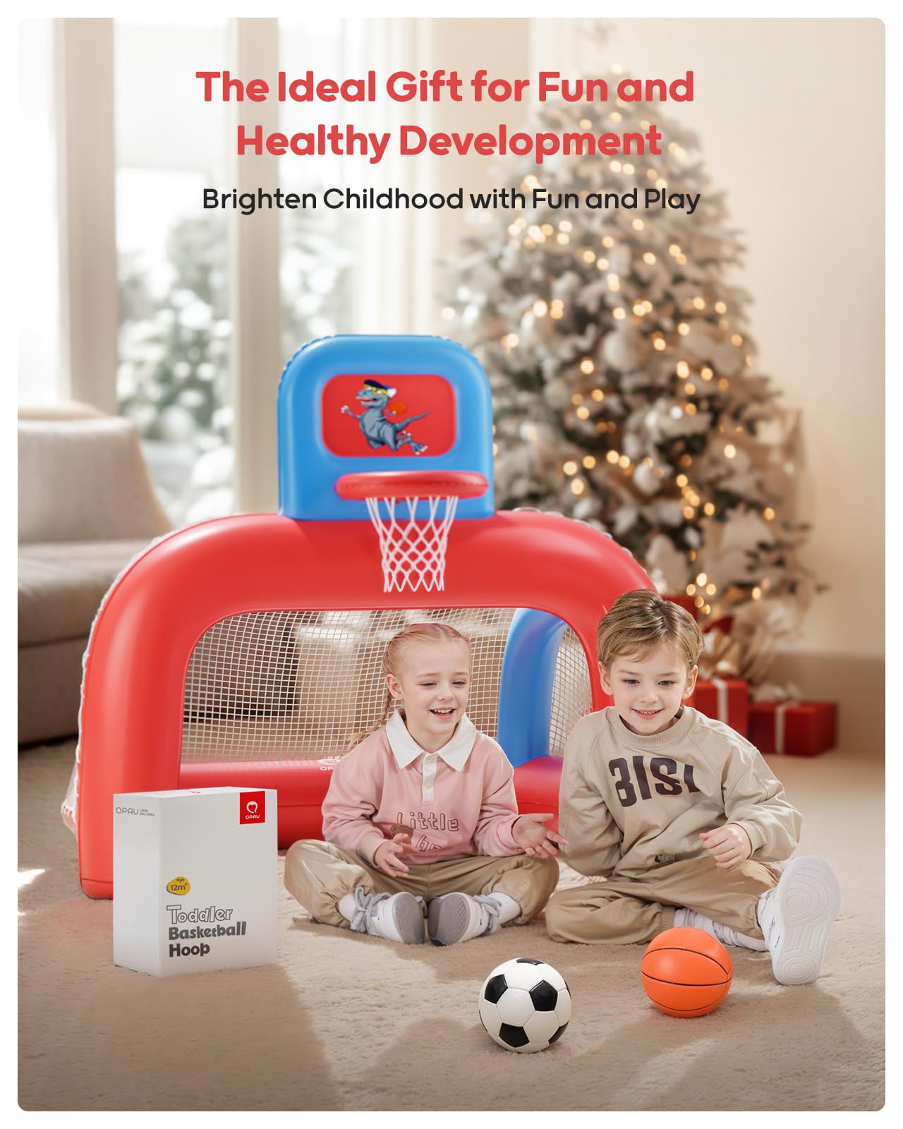 QPAU 2-in-1 Inflatable Toddler Basketball Hoop & Soccer Goal Set, Indoor Outdoor Sports Center Toys for Kids, Baby Toddlers Birthday Gift for 1 2 3 4 5 Year Old Boys Girls