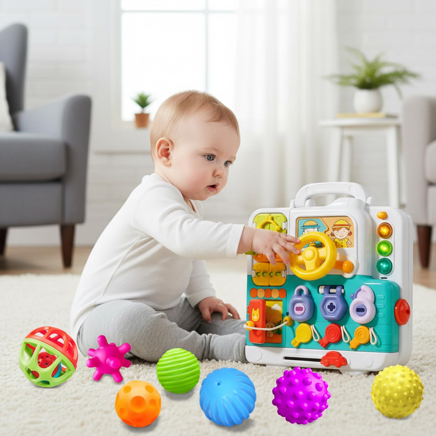 ROHSCE Textured Sensory Balls & Baby Rattle + Montessori Busy Board with Lights & Music, Hand Catching, Montessori Toys, Fine Motor, Travel Toy for Airplane/Car, Gifts for Babies 3–6M & Toddlers 1–3