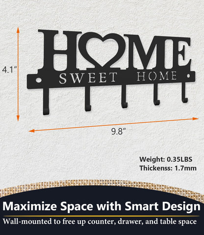 Key Holder Hooks Organizer Hanger Rack Wall Mounted Sweet Home Metal Decor Stylish and Practical for Entryway Front Door Kitchen Hallway Garage Mudroom Office 9.8inches/25cm Hardward Included Black