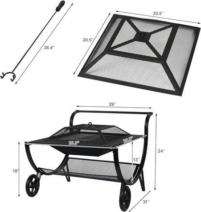 Outdoor Fire Pit with Wheels and Log Rack, Portable Fireplace Wood Burning for Garden, Patio, and Backyard - Includes Mesh Screen and Fire Poker, Fire Pits & Outdoor Fireplaces