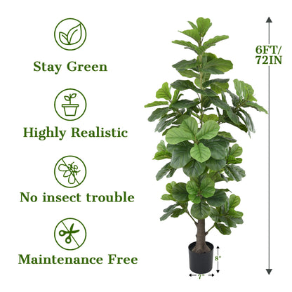 Artificial Fiddle Leaf Fig Tree 6ft - Tall Faux Ficus Lyrata Plant with Realistic Leaves and Large Trunk, 72" Fake Fig Tree in Pot for Home Living Room Office Porch Indoor Decor Perfect Housewarming