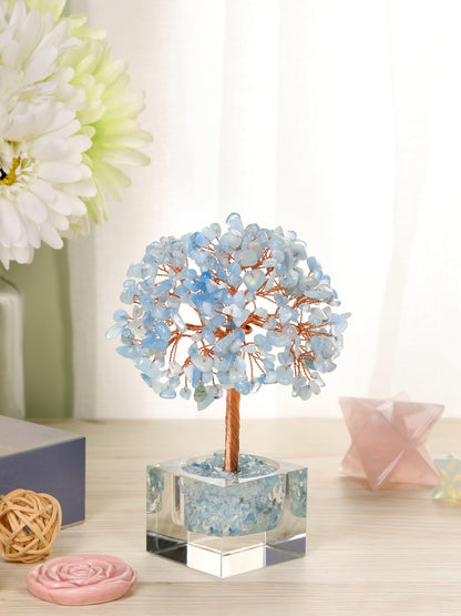 Jovivi Large Crystal Tree with Square Glass Base, Aquamarine Healing Crystals Tree Life Natural Chipped Gemstone Money Trees Feng Shui Good Luck Positive Energy Blue Home Desk Decor
