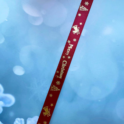 LXKBD 50 Yards Merry Christmas Ribbon Christmas Tree Bells Snowflake, 3/8 inch Wide Satin Ribbons for Festival Holiday Party Decoration Gift Wrapping Crafts (Wine Red)