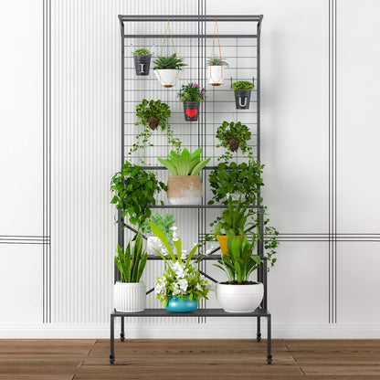 Zhongma 3 Tier Large Heavy Duty Plant Stand with wheels, Tall multi layer Plant Holder with Hanging Plant pot shelf, 35.43 x 33.27 x 80.7inch, Each Tier: 35.43 L x 10.5W, Easy to Hold Large Plant Pot