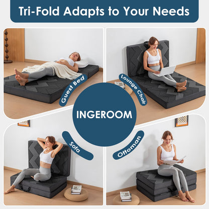 INGEROOM Foldable Mattress Twin - Memory Foam 4 inch Trifold Mattress for Camping, with Portable Handle, Non-Slip Folding Floor Bed Sofa for Guest Travel Yoga, Washable Breathable Cover