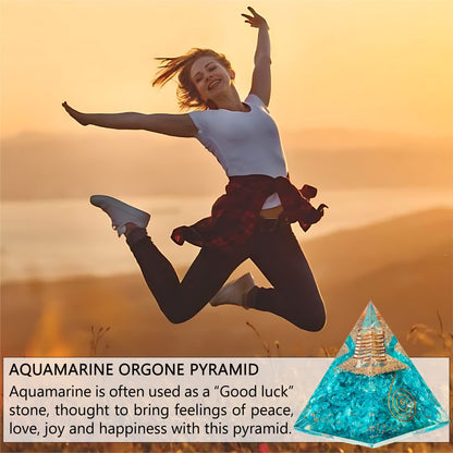 Aquamarine Orgone Pyramid for Joy & Happiness | Orgonite pyramids with Copper Coil and Crystal Quartz for Chakra Protection