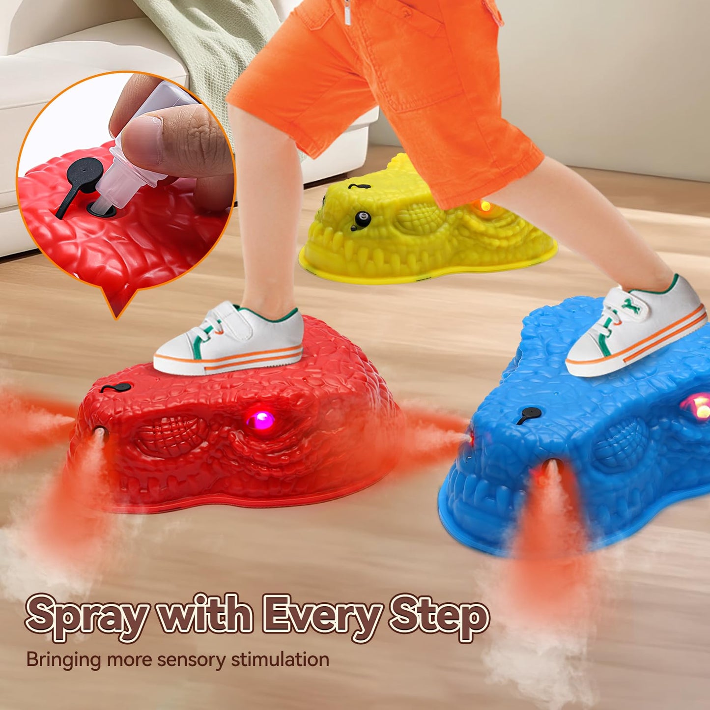 FIIOEOY 6 Pcs Dinosaur Stepping Stones for Kids, Light up Mist Spray & Roaring Non-Slip Balance Stepping Stones with 6 Rechargeable Batteries, Indoor & Outdoor Toys for Toddlers Ages 3-5