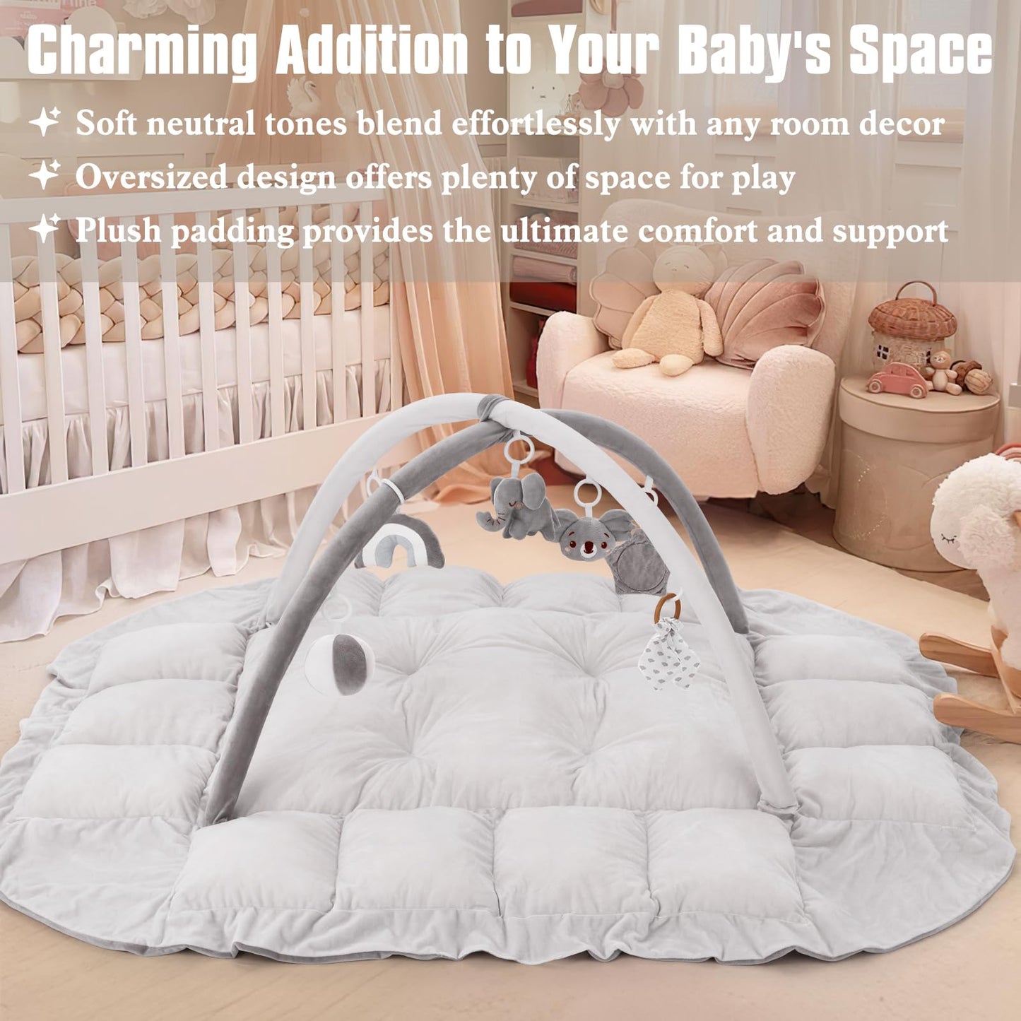 5-in-1 Plush Baby Play Gym, Baby Play Mats, Convertible Baby Gym, Tummy time mat, 6 Sensory Toys, Activity Center, Ball Pit, Grey