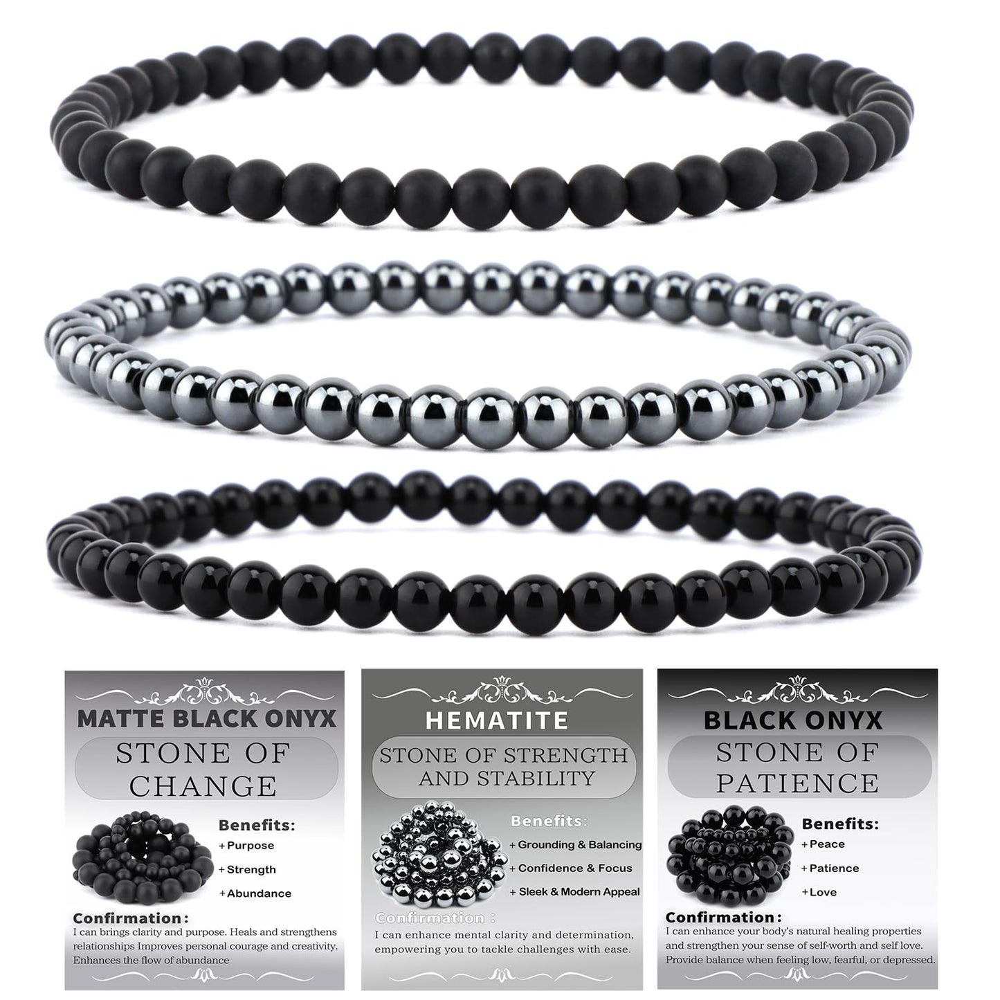 CMBYN 3-Pieces 4mm Natural Crystal Gemstone – ﻿Black Onyx, Hematite, Matte Black Agate Handmade Reiki Energy Healing Stretch Bracelets Jewelry for Yoga, Meditation, Unisex
